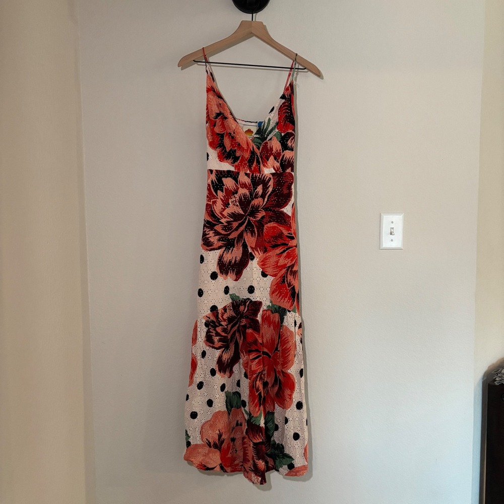 Farm Rio Dress Anthropologie Size 0 Eyelet Floral Polka Dot Boho Tropical
